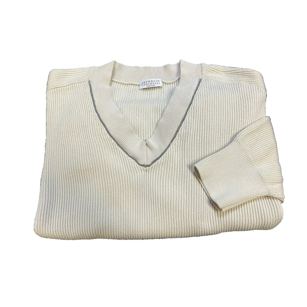 Brunello Cucinelli Cream Pullover Sweater Tiny Beading V-Neck Rib Knit Cotton, L